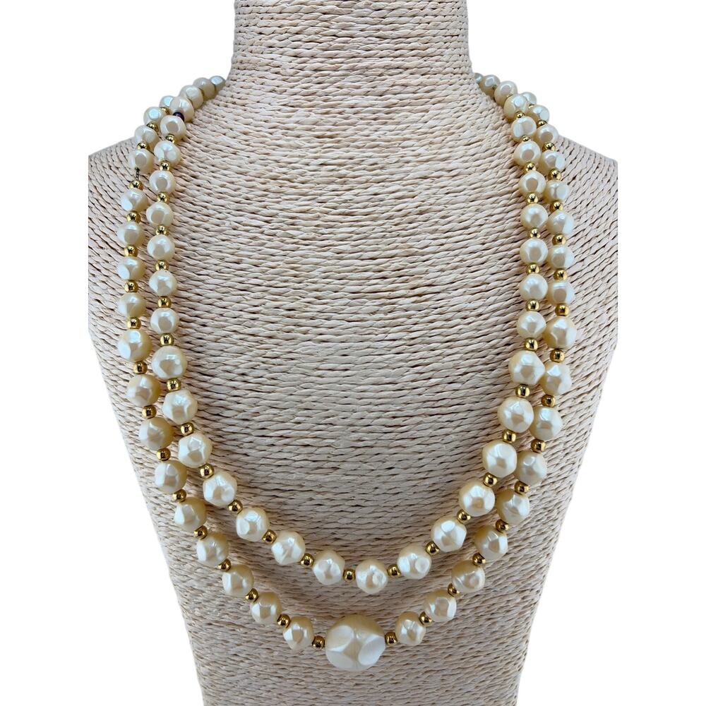Vintage Two-Row Faux Pearl and Gold-Tone Bead Teardrop Drop Necklace